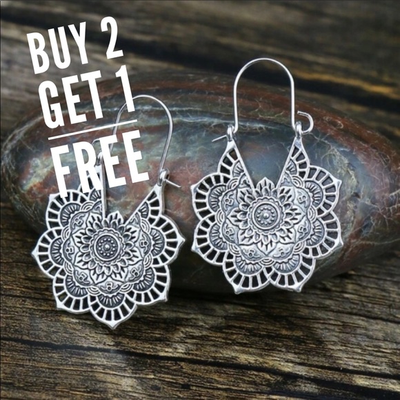 Silver Flower Boho Earrings - Picture 1 of 6